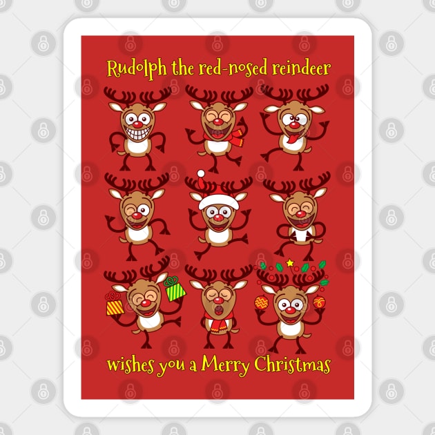 Rudolph the red-nosed reindeer wishes you a Merry Christmas in nine different ways Magnet by zooco